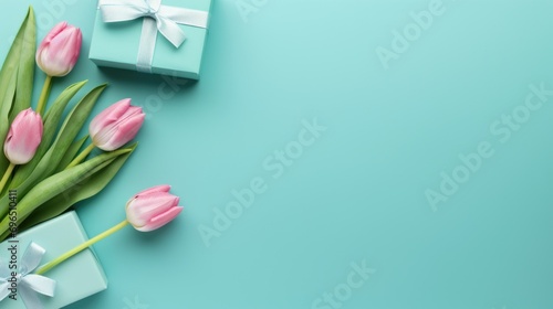 A bouquet of pink tulips next to a gift box. Spring greeting for birthday, Easter or Mother's day. photo