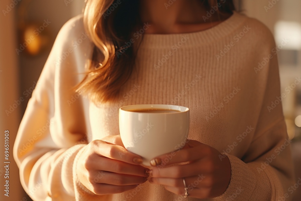 A woman holding a cup of coffee in her hands. Suitable for various uses