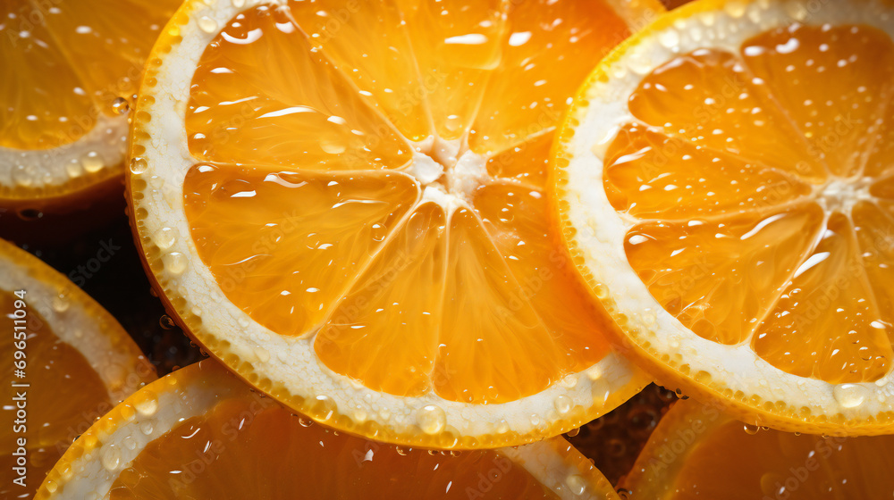 close up of a fresh and juicy orange citrus slices on a wooden table, adorned with glistening water droplets and sun light close up of a fresh and juicy orange citrus slices on a wooden table, adorned with glistening water droplets and sun light
