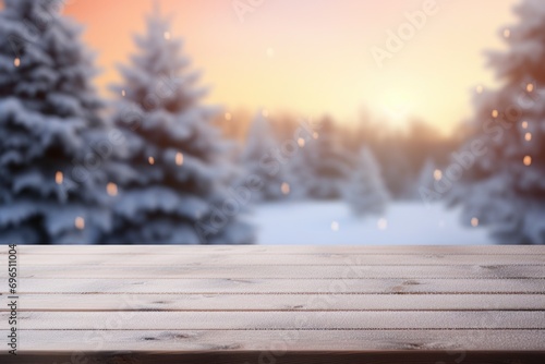 A wooden table set against a picturesque snowy landscape. Perfect for winter-themed designs and rustic decor © Fotograf