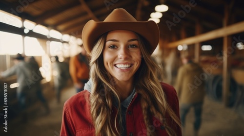 A woman wearing a cowboy hat smiles for the camera. This versatile image can be used in various contexts