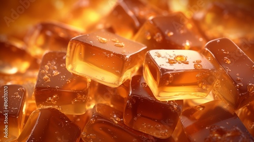 Delicious caramel candies on a background of juicy caramel sauce. Sweet texture background photo