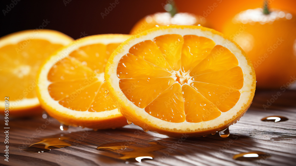 close up of a fresh and juicy orange citrus slices on a wooden table, adorned with glistening water droplets and sun light close up of a fresh and juicy orange citrus slices on a wooden table, adorned with glistening water droplets and sun light
