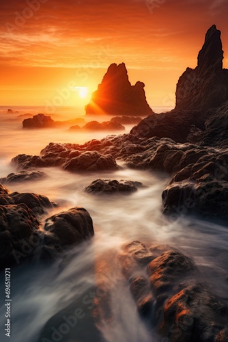 A beautiful sunset over a rocky beach. Perfect for nature lovers or travel enthusiasts