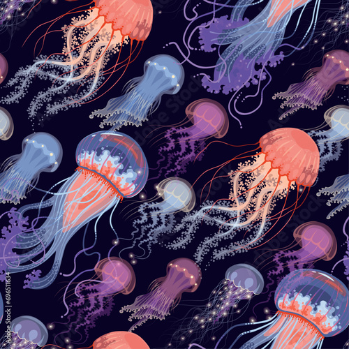 Vector seamless pattern with glowing jellyfish
