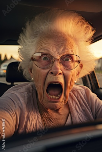 An intense image of an elderly woman wearing glasses and screaming inside a car. Perfect for illustrating emotions and stress in various situations
