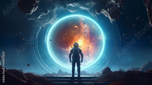 Puzzled astronaut with a portal in front of him on a lost planet 4k