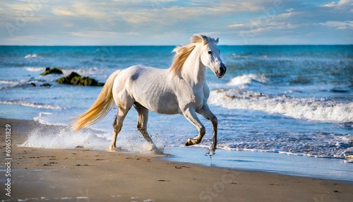 beautiful white horse galloping along the beach generative ai