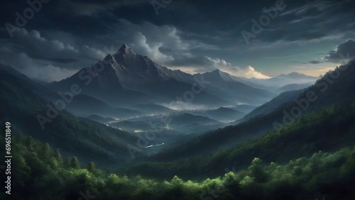 Dramatic sky over mountain range with forest and trees.