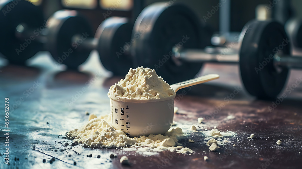 A measure scoop filled with whey protein powder. - sporting protein shot in the gym. - obrazy, fototapety, plakaty 