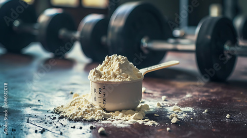 A measure scoop filled with whey protein powder. - sporting protein shot in the gym. photo
