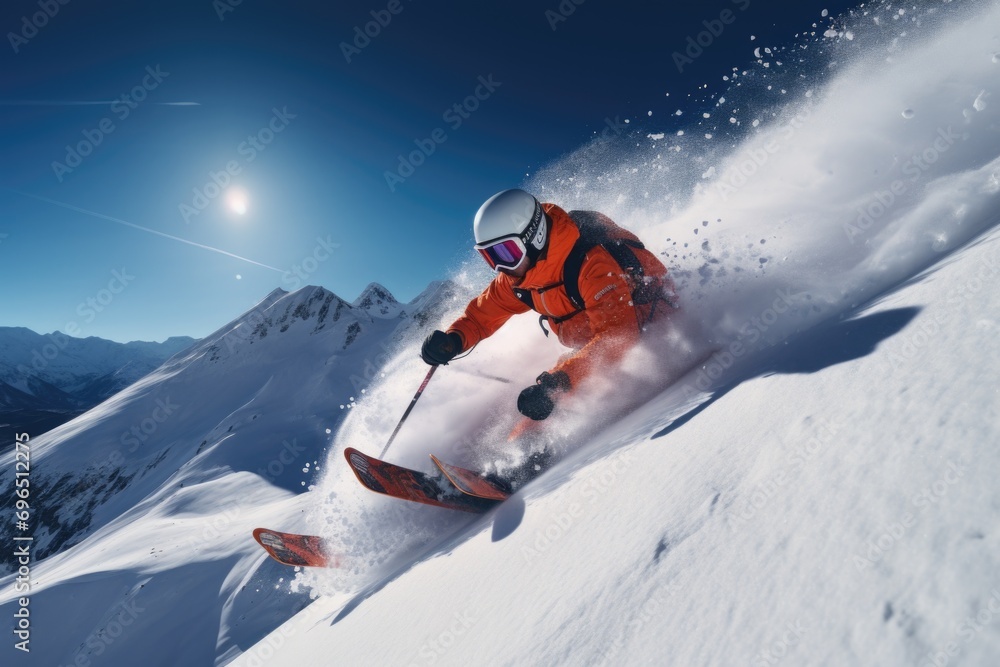 A man is seen skiing down a snow-covered slope. This image can be used to depict winter sports and outdoor activities