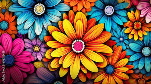 Flower power hippie multicoloured daisy psychedelic background