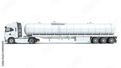 Heavy truck with tank trailer 3D rendering on white background