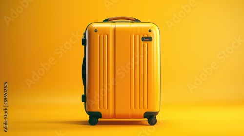 A yellow suitcase on wheels against a yellow background. Perfect for travel and adventure themes