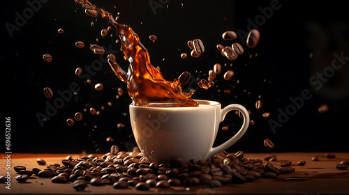 Sharp shot of a coffee bean dropping into a full cup of coffee. splashing coffee.  photo