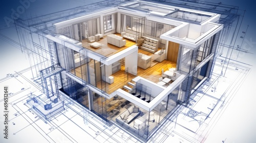 architecture of a 3d model house project with blueprint
