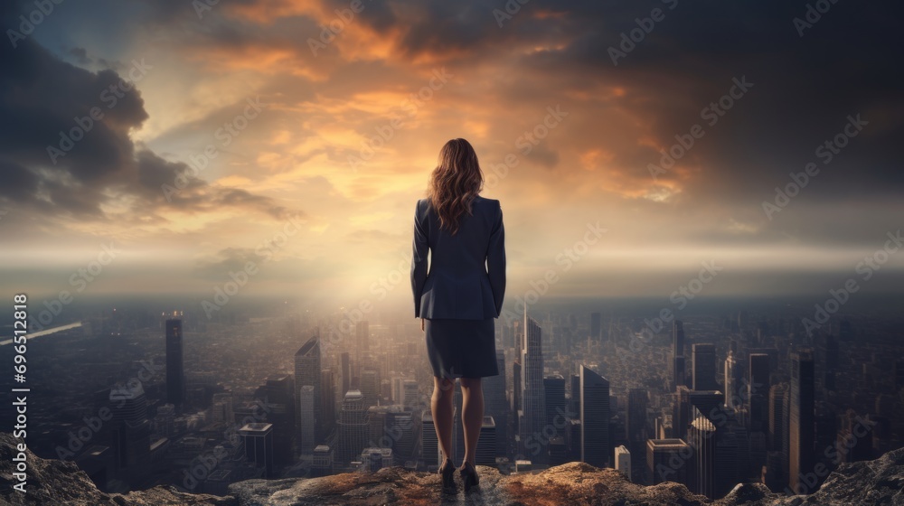 Fototapeta premium Businesswoman stands thoughtfully on a mountain overlooking a city with dramatic clouds in the sky