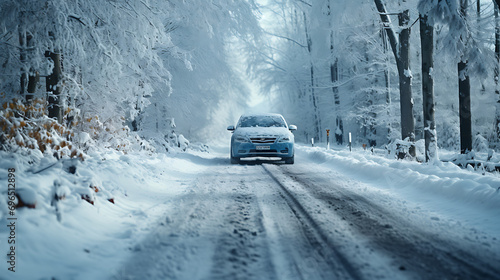 Car driving in the snow on the road / winter forest, snowy scapes photo