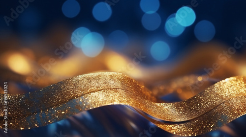 Abstract background with blue gold tinsel or shiny ribbons with bokeh particles. Christmas, New Year 2024 background and texture