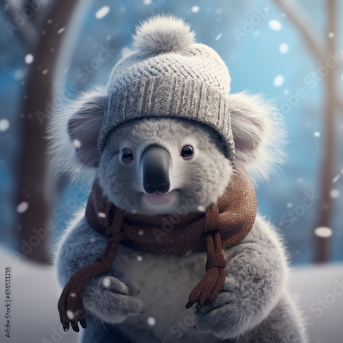 Coala fofo com roupas de inverno na neve - Ilustração de personagem 3D photo