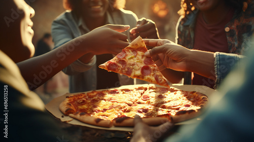Close-up of people picking up pieces of pizza at outside party. Friendship and family concept