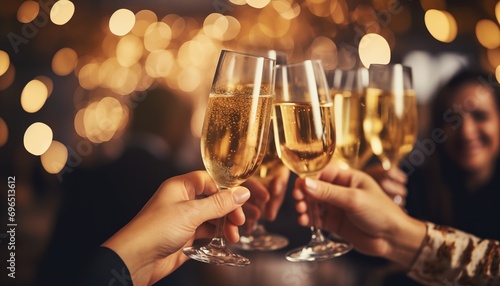 Hands holding a glass of champagne, people cheering, spending time with friends, party, happy moments, nightclub, restaurant, cheering, family, sparkling wine, luxury, blurry background.