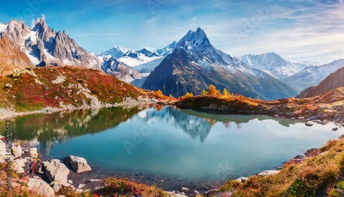 panoramic autumn view of cheserys lake with mount blank on background chamonix location spectacular outdoor scene of vallon de berard nature preserve alps france europe photo