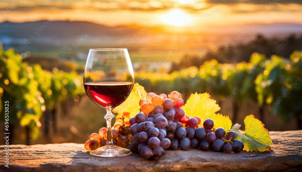 glass of wine and grapes in the vineyard at sunset generative ai