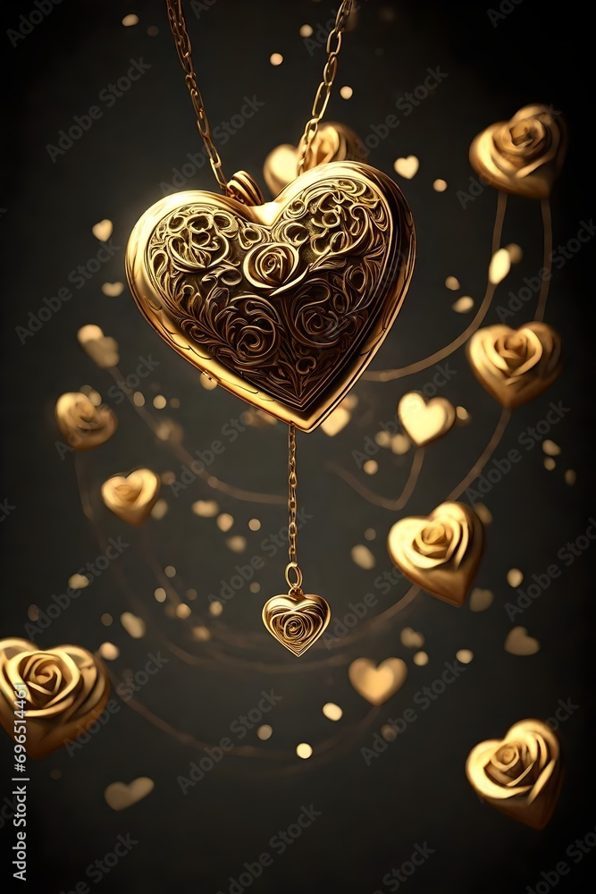 An enchanting 3D illustration of a golden heart-shaped locket adorned with intricate rose patterns, An enchanting 3D illustration of a golden heart-shaped locket adorned with intricate rose patterns,