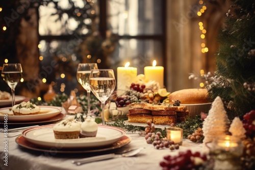 A beautifully arranged table set for a festive holiday dinner, complete with elegant candles and a delicious spread of food.