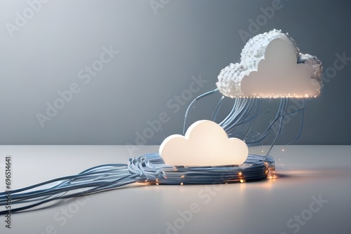 Data storage and cloud technology concept with blue wire connected to white pixelate cloud on abstract light grey background. Generative Ai