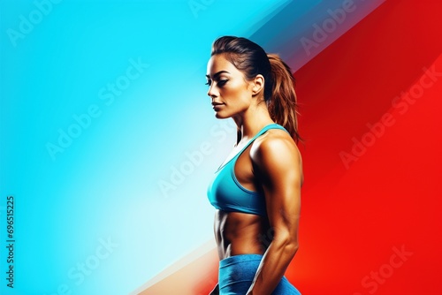 Workout Harmony: A Detailed Close-Up View of a Female Fitness Trainer, Tailored for Engaging Promotions, Showcasing Considerable Space for Text or Advertisements photo