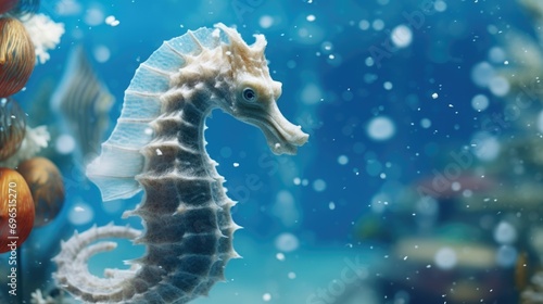 A detailed view of a sea horse swimming gracefully in the water. Perfect for marine life enthusiasts or educational materials about sea creatures