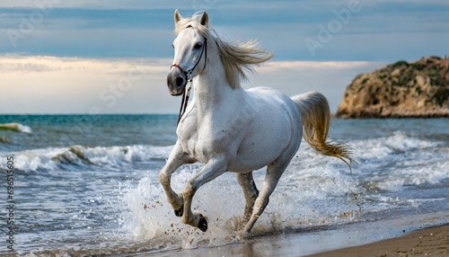 beautiful white horse galloping along the beach generative ai