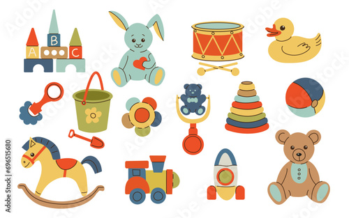 Various isolated toys for kids. Ball, drum, wooden train, bunny, rocking horse, teddy bear, toy blocks, rattles. Childhood, children games, preschool activities concept. Hand drawn vector set.