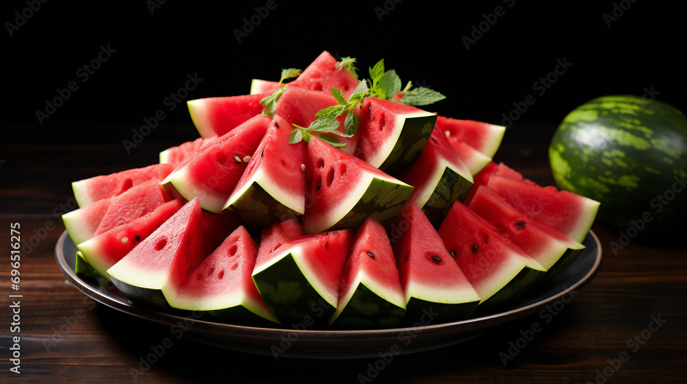 A vibrant arrangement of fresh red watermelon slices, enticingly showcasing summer's delight. A vibrant arrangement of fresh red watermelon slices, enticingly showcasing summer's delight.