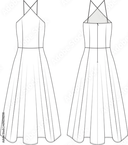 spaghetti strap halter neck flared long maxi midi a line dress template technical drawing flat sketch cad mockup fashion woman design style model