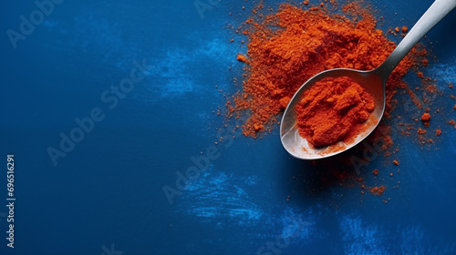 Ground Paprika powder in a silver spoon on a blue background. Banner with copy space