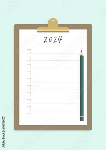 手書きの2024の文字が書いてあるチェックリストとバインダーのおしゃれな素材 - 2024年の目標･計画