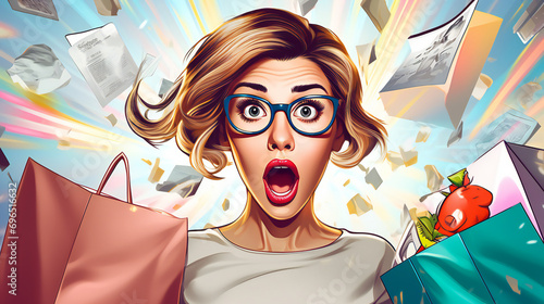 Amazed young sexy woman in glasses with shopping bags in comic style. Pop Art wow girl. Advertising poster with surprised female photo
