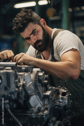 A man is seen working on an engine in a factory. This image can be used to showcase manufacturing, industry, and skilled labor