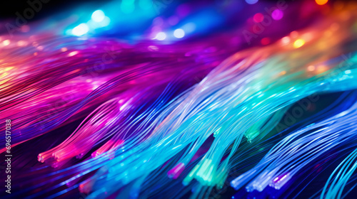 A close-up macro image of multicolored vibrantly glowing optical fiber. Abstract neon lighting background