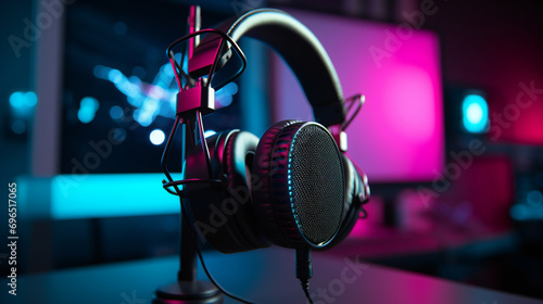 A close-up of a microphone and headphones for podcasting or ASMR sounds on black stand in a neon led lighting, cyan and magenta, in a sound recording studio photo