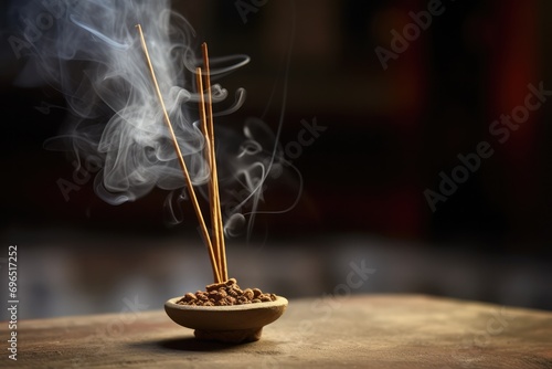 Creating An Incense Aroma: Stick Of Incense With A Trail Of Smoke photo