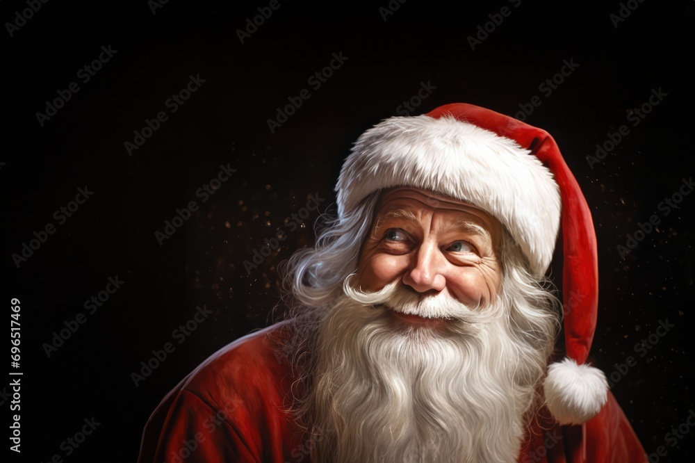 Traditional Santa Claus With White Lush Beard On A Black Background With Copy Space Traditional Santa Claus With White Lush Beard On A Black Background With Copy Space
