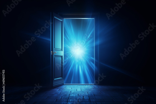 Light from the open door of a dark room, attractive hypnotic light tentacles, abstract mystical glowing exit. Open door template, background, mock up photo