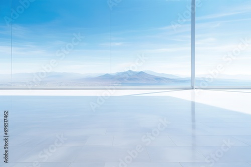 Serene Blue Landscape Framed By A Spotless Hardwood Floor © Anastasiia
