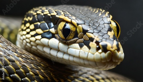 close up of calm snake face isolated on dark background