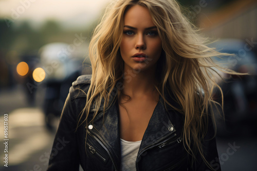 Murais de parede biker girl with flowing blonde hair and leather jacket